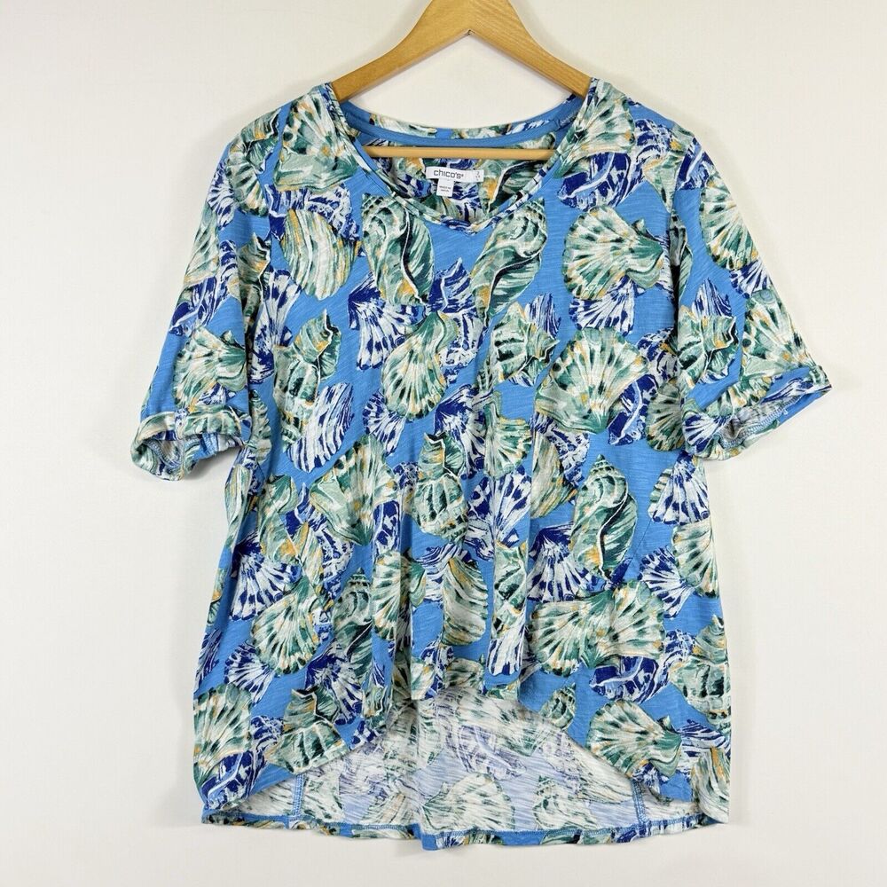 Chico's Blue Watercolor Shells V-Neck Hi Low T-Shirt Top Women's 2 Large‎ 12